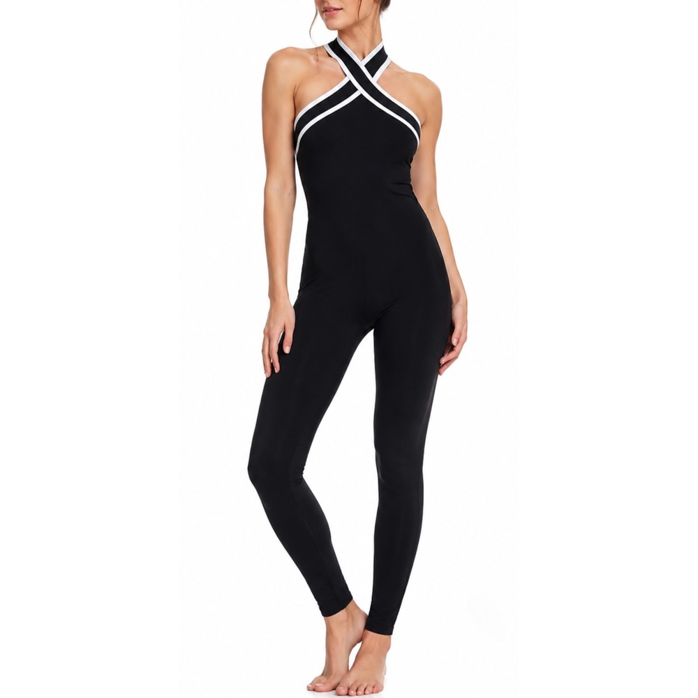 Women's Black Crisscross Halter Jumpsuit Size S White Trim Workout Unitard NWT